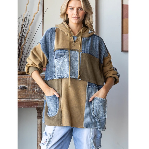 POL Patchwork Hoodie in Blue and Brown - Picture 3 of 7